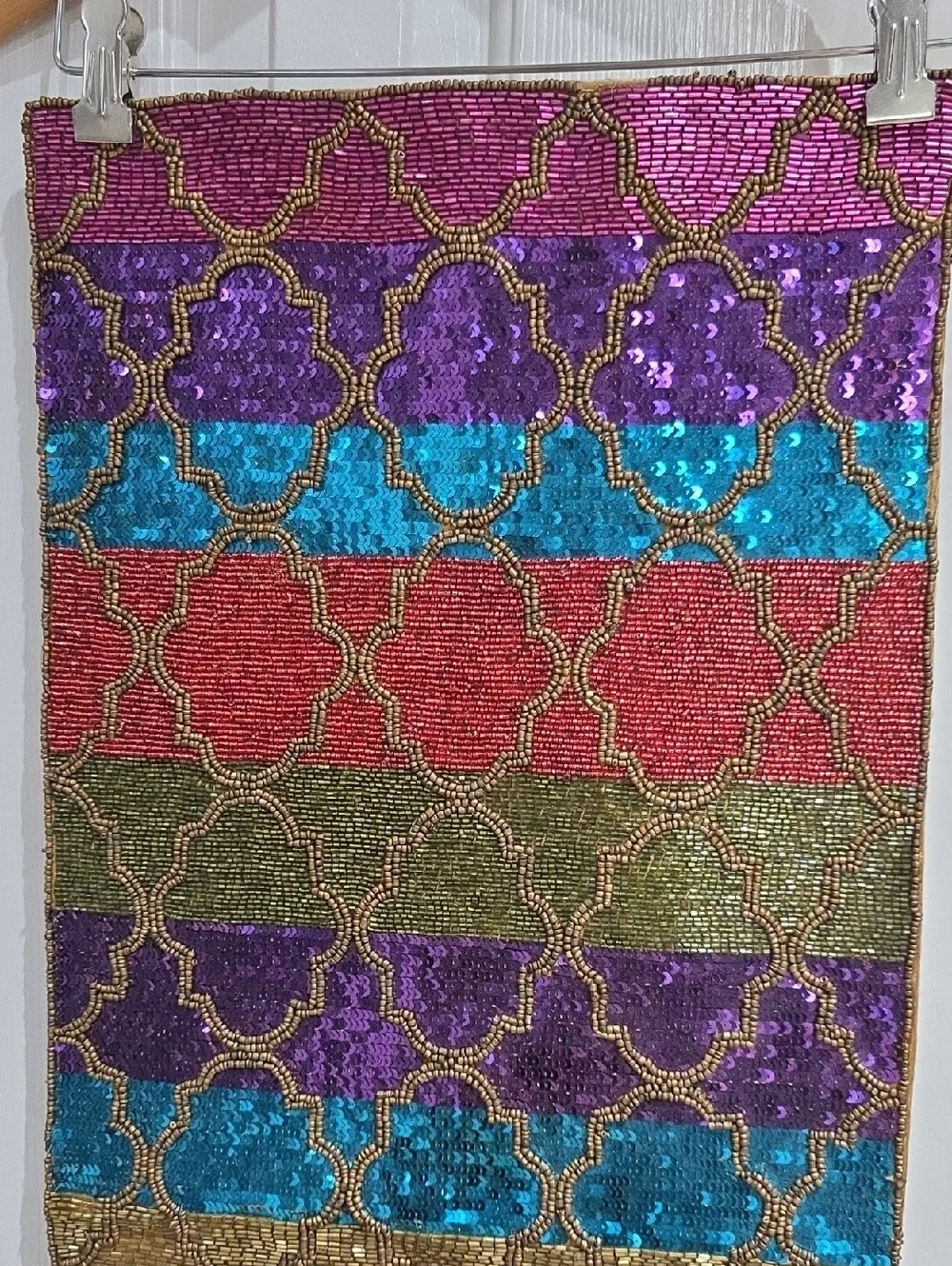 Pier 1 Striped Multicolor Sequin Table Runner with Gold Bead Lattice